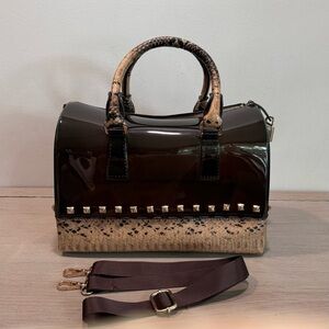 Large Studded Jelly & Faux Snakeskin Duffle Shaped Bag Oversized Purse Y2K Glam‎
